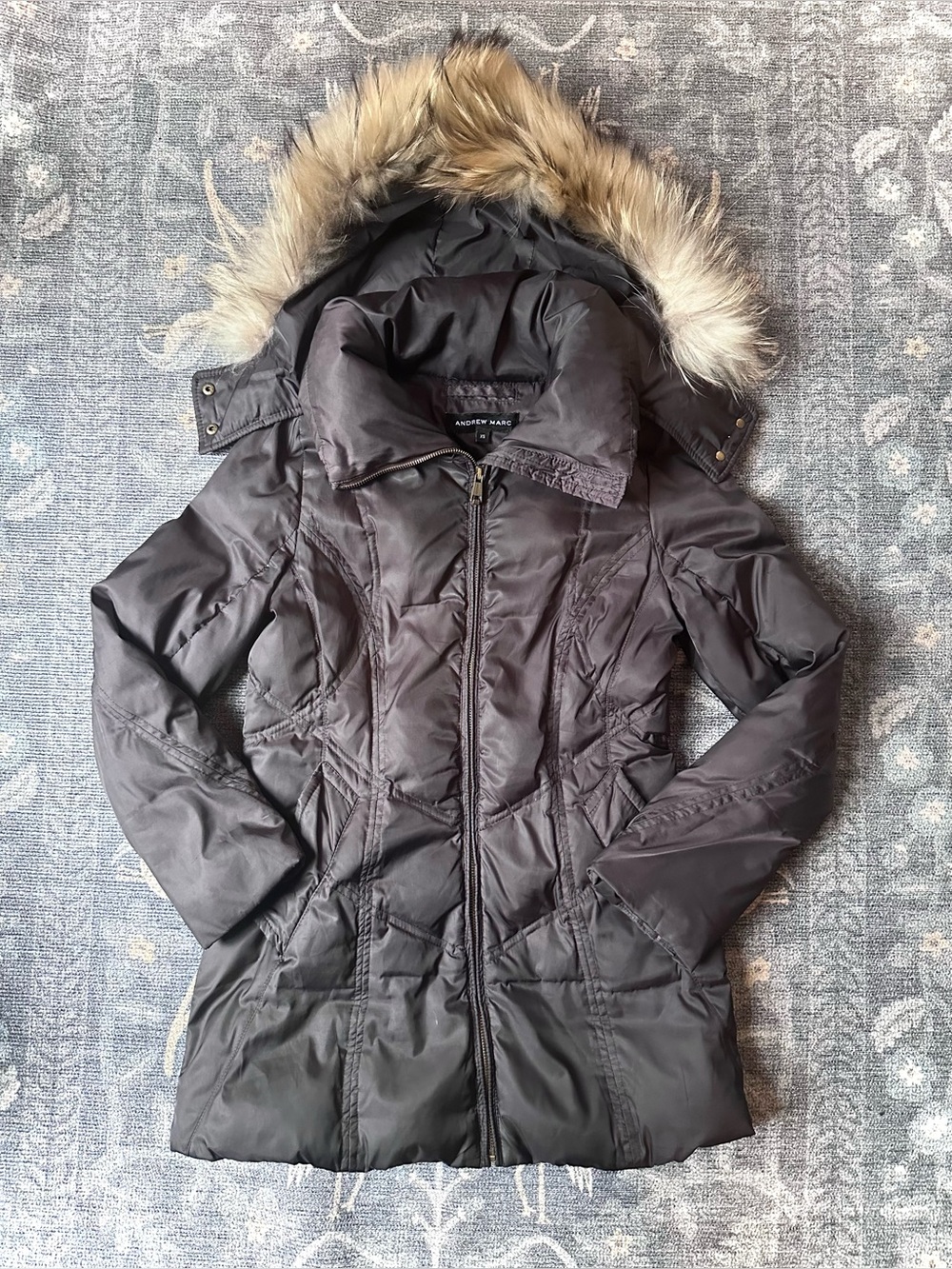 Andrew Marc Taupe Quilted Puffer Coat with Fur Trim Detachable Hood XS